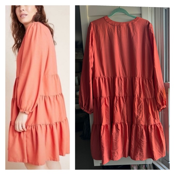 Anthropologie Maeve Amber Tiered Ruffled Tunic Dress 
Coral terracotta color 1X - Picture 4 of 11